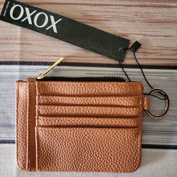 XOXO Tan Faux Leather Coin & Card Pouch Keychain Wallet Zip Case NWT - Picture 2 of 5